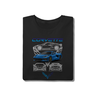 Nome do produto Camiseta Chevrolet Corvette C8 Azul - Estampa Mid-Engine Blueprint