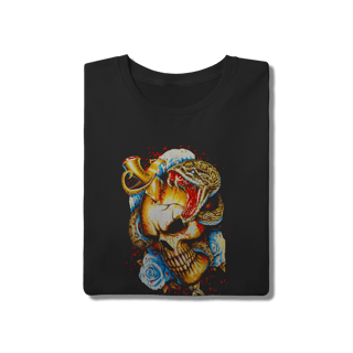 Nome do produto Camiseta Caveira Serpente e Adaga - Estilo Tattoo Rocker Preta
