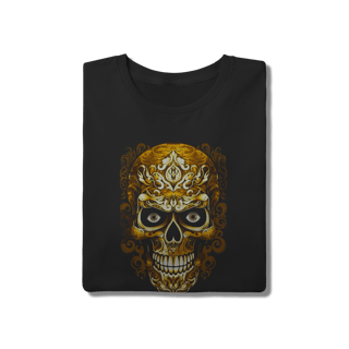Nome do produto Camiseta Caveira Ornamental Dourada - Estilo Barroco Elegante