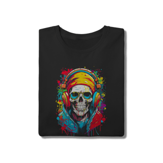Nome do produto Camiseta Streetwear Caveira DJ com Fones e Óculos - Algodão Preta