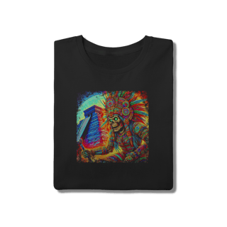 Nome do produto Camiseta Cultura Asteca Caveira Guerreiro e Pirâmide - Estampa Psicodélica