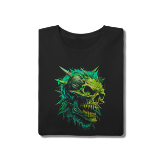 Nome do produto Camiseta Punk Rock Caveira com Spikes Verde Neon - 100% Algodão