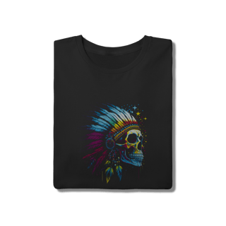 Nome do produto Camiseta Caveira Apache com Cocar de Penas Coloridas - Algodão Preta