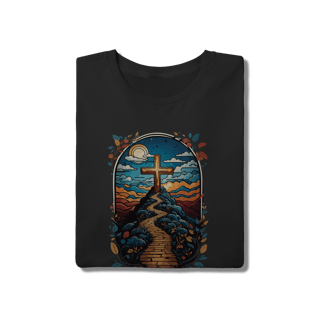 Nome do produto Camiseta Artística Caminho da Fé - Cruz e Flores - Vintage Preta