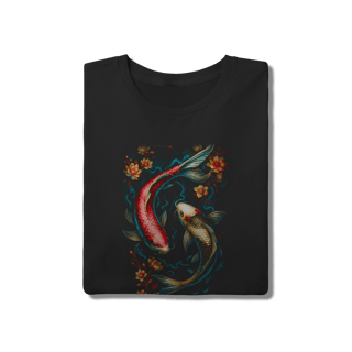 Nome do produto Camiseta Preta Algodão Oriental - Carpas Koi Ying Yang Floral 