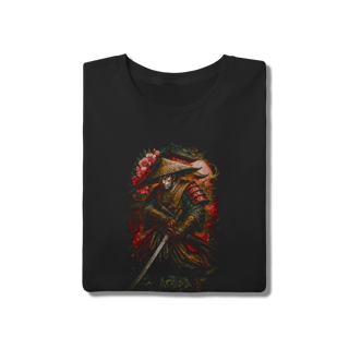 Nome do produto Camiseta Preta Algodão - Samurai Ronin e Flores de Cerejeira 