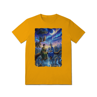 Nome do produto Camiseta Unissex - Mago azul e elfa sentados na árvore