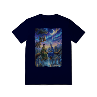 Nome do produto Camiseta Unissex - Mago azul e elfa sentados na árvore