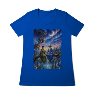 Nome do produto Camiseta Baby Long - Mago azul e elfa sentados na árvore