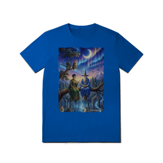 Nome do produto Camiseta Unissex - Mago azul e elfa sentados na árvore