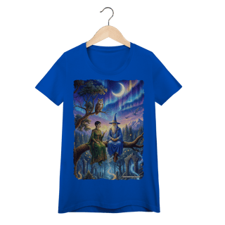 Nome do produto Camiseta Baby Long - Mago azul e elfa sentados na árvore