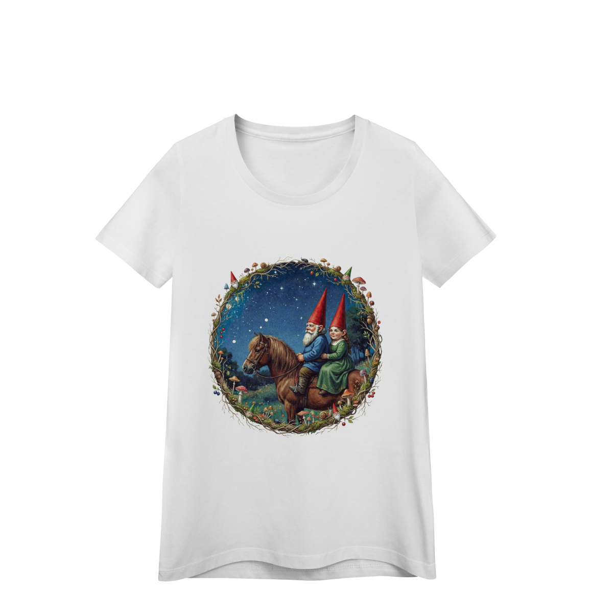 Nome do produto: Camiseta Baby Long - Casal de gnomos cavalgando