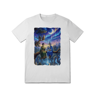 Nome do produto Camiseta Unissex - Mago azul e elfa sentados na árvore