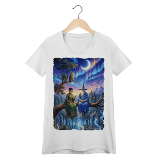 Nome do produto Camiseta Baby Long - Mago azul e elfa sentados na árvore