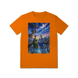 Nome do produto Camiseta Unissex - Mago azul e elfa sentados na árvore