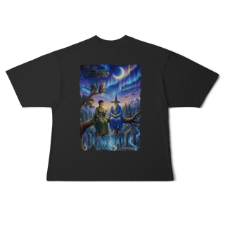 Nome do produto Camiseta Oversized - Mago azul e elfa sentados na árvore