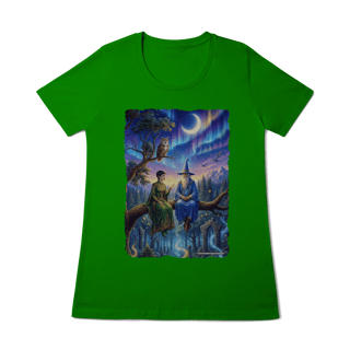 Nome do produto Camiseta Baby Long - Mago azul e elfa sentados na árvore