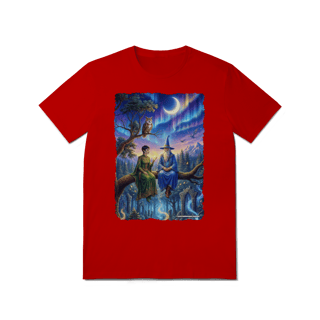 Nome do produto Camiseta Unissex - Mago azul e elfa sentados na árvore