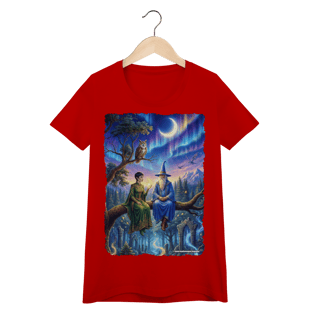 Nome do produto Camiseta Baby Long - Mago azul e elfa sentados na árvore