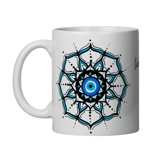 Nome do produto Caneca Mandala Olho Grego – Círculo de Harmonia – Livrai-me do mau olhado, mal amado e do bem disfarçado