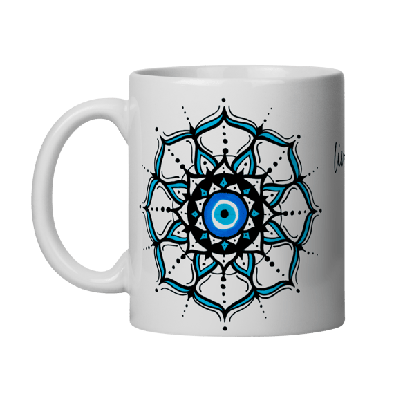 Caneca Mandala Olho Grego – Círculo de Harmonia – Livrai-me do mau olhado, mal amado e do bem disfarçado