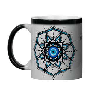 Nome do produto Caneca Mágica Mandala Olho Grego – Círculo de Harmonia – Livrai-me do mau olhado, mal amado e do bem disfarçado