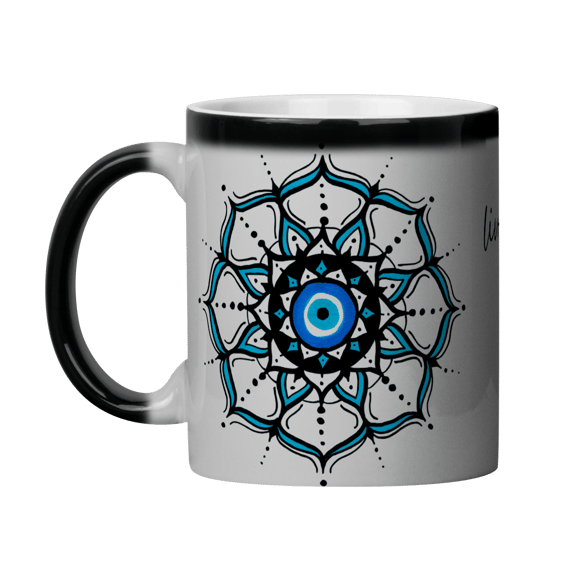 Caneca Mágica Mandala Olho Grego – Círculo de Harmonia – Livrai-me do mau olhado, mal amado e do bem disfarçado