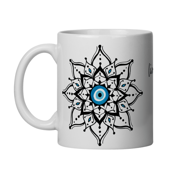Caneca Mandala Olho Grego – Escudo da Intuição – Livrai-me do mau olhado, mal amado e do bem disfarçado