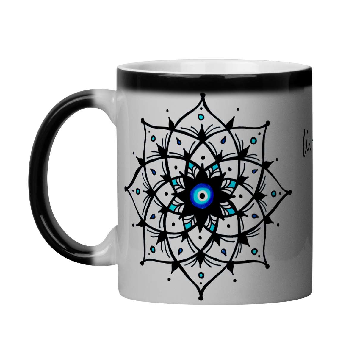 Nome do produto: Caneca Mágica Mandala Olho Grego – Xô, Inveja! – Livrai-me do mau olhado, mal amado e do bem disfarçado