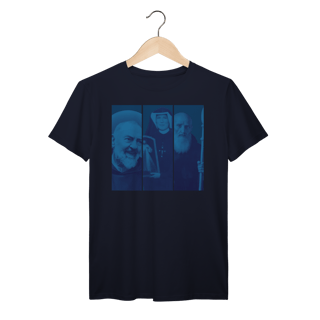 Nome do produto Camiseta Coleção Todos os Santos – Padre Pio, Santa Faustina e São Bento | Fé, Proteção e Devoção