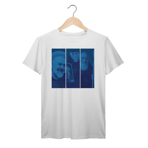 Camiseta Coleção Todos os Santos – Padre Pio, Santa Faustina e São Bento | Fé, Proteção e Devoção