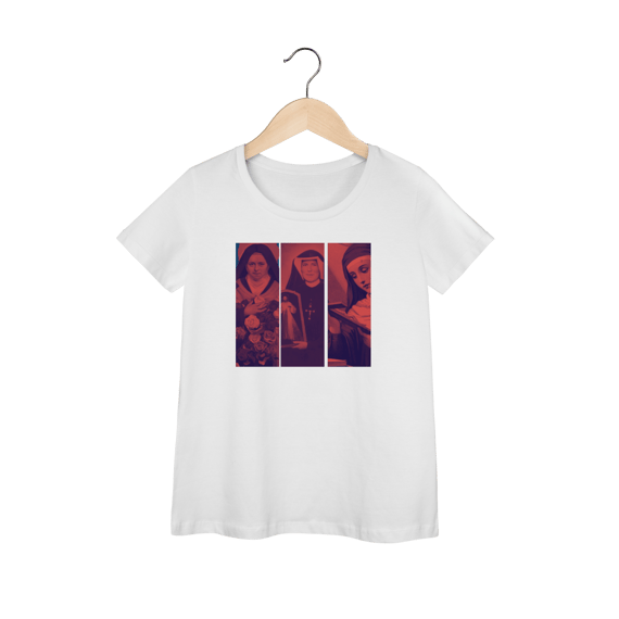 Camiseta Baby Long Coleção Todos os Santos – Santa Teresinha, Santa Faustina e Santa Rita de Cássia