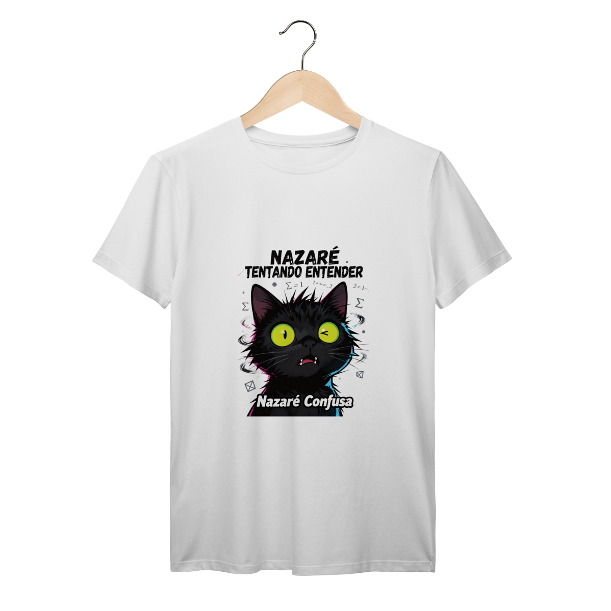 Nome do produto: T-Shirt - - Quando a matemática (ou a vida) não faz sentido nenhum! - Gato preto com cara de confuso total - Inspirada no meme brasileiro icônico - Perfeita pra quem tem zero neurônios funcionando - Várias cores disponíveis!  É você na vida? Então es