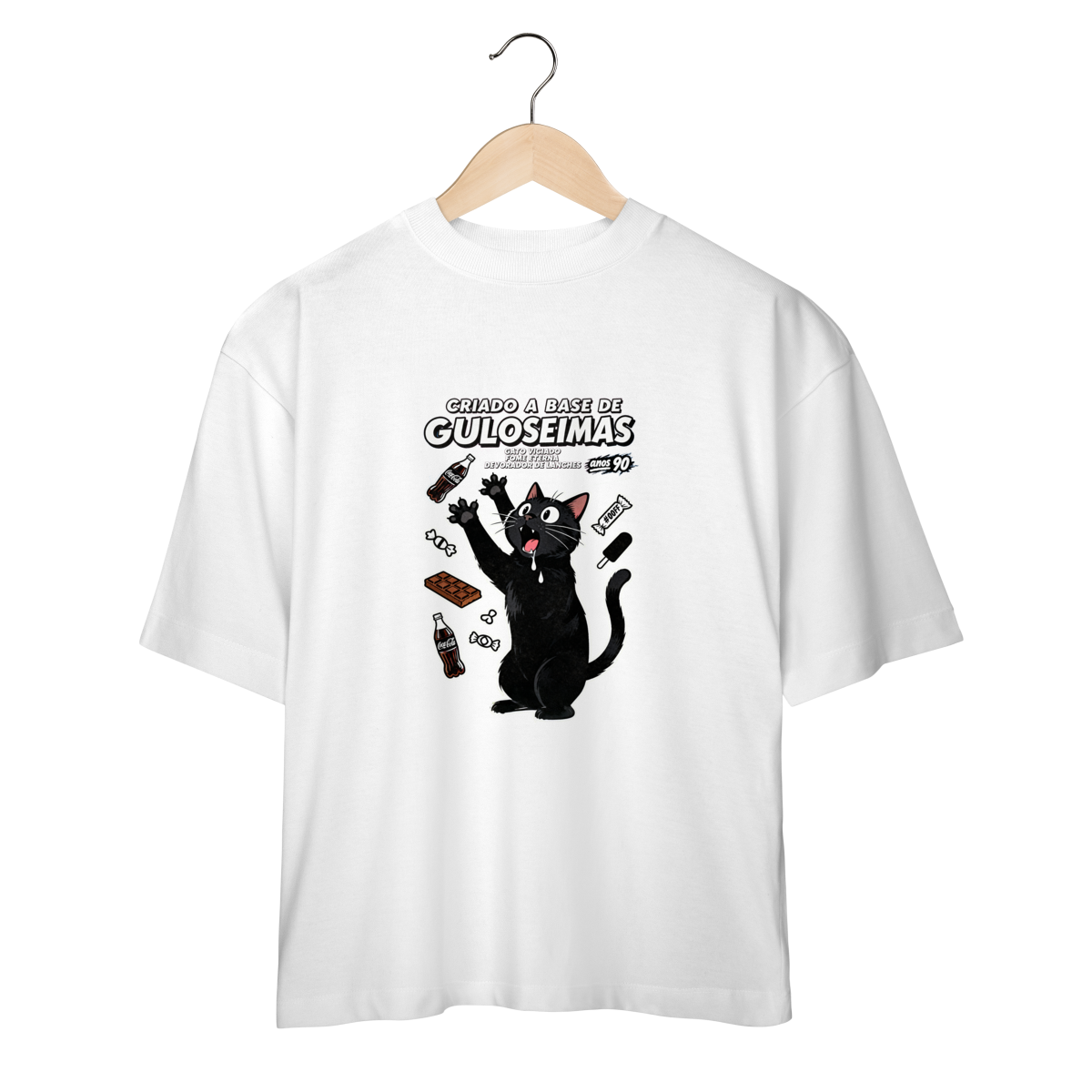 Nome do produto: Camiseta Criado Base Guloseimas Gato Viciado Fome Nostalgia