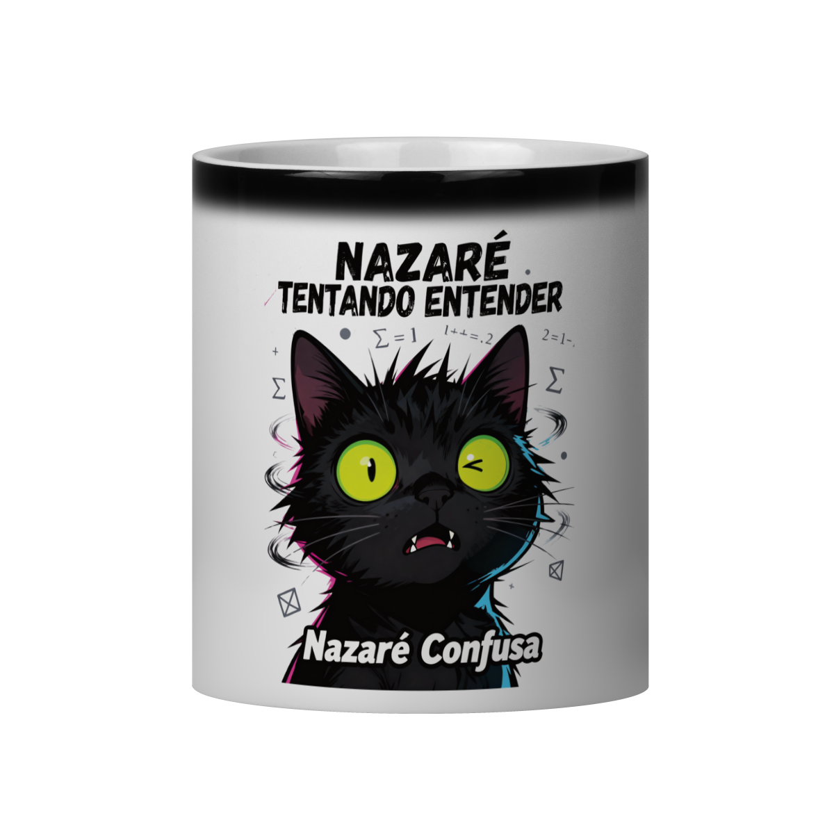 Nome do produto: Caneca Mágica - NAZARÉ TENTANDO ENTENDER - GATO PRETO CONFUSO