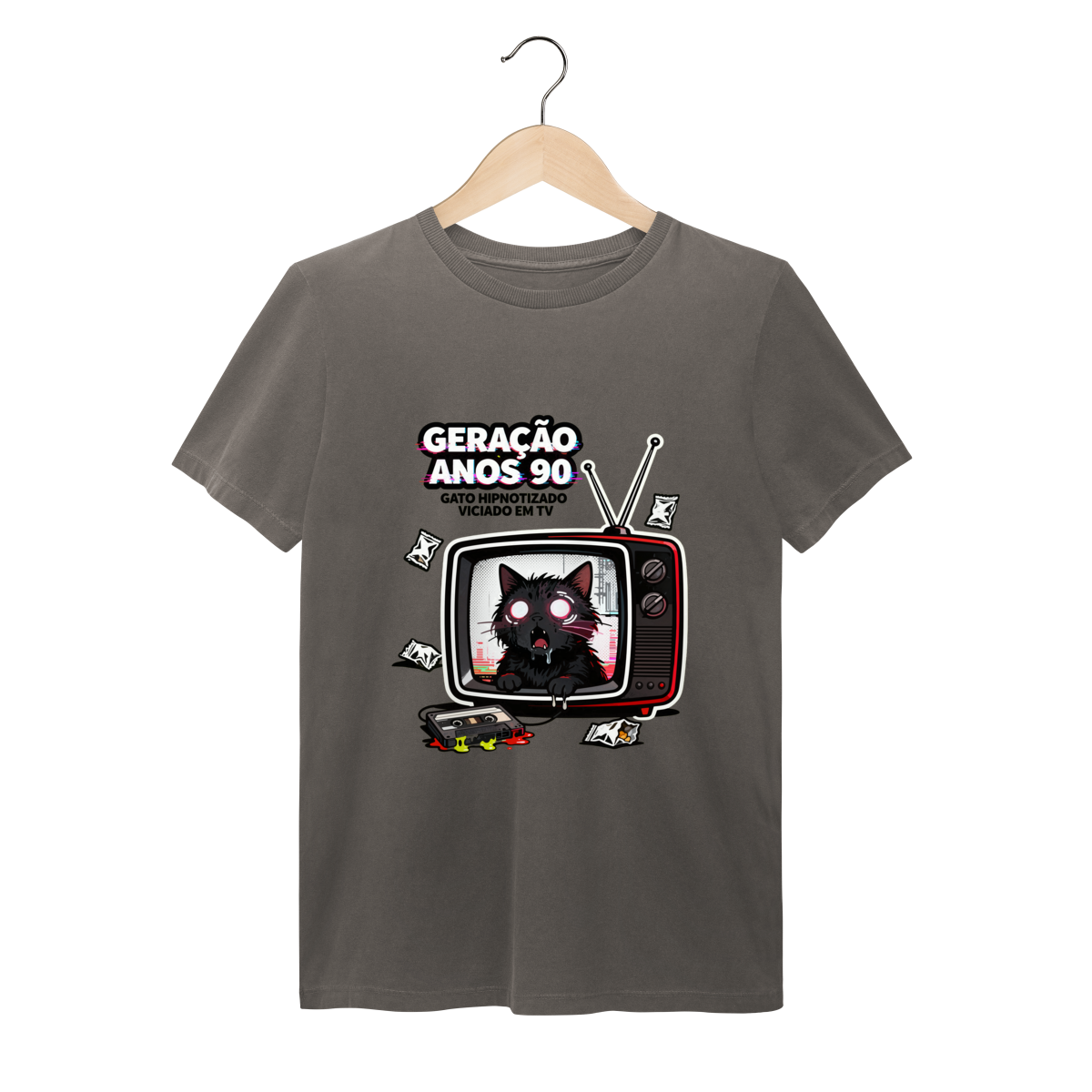 Nome do produto: Camiseta Geração Anos 90 Gato Hipnotizado TV Nostalgia Retrô