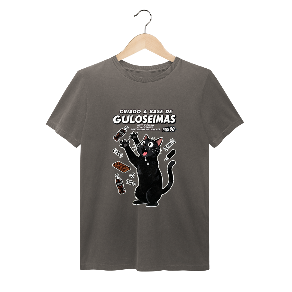 Camiseta Criado Base Guloseimas Gato Viciado Fome Nostalgia