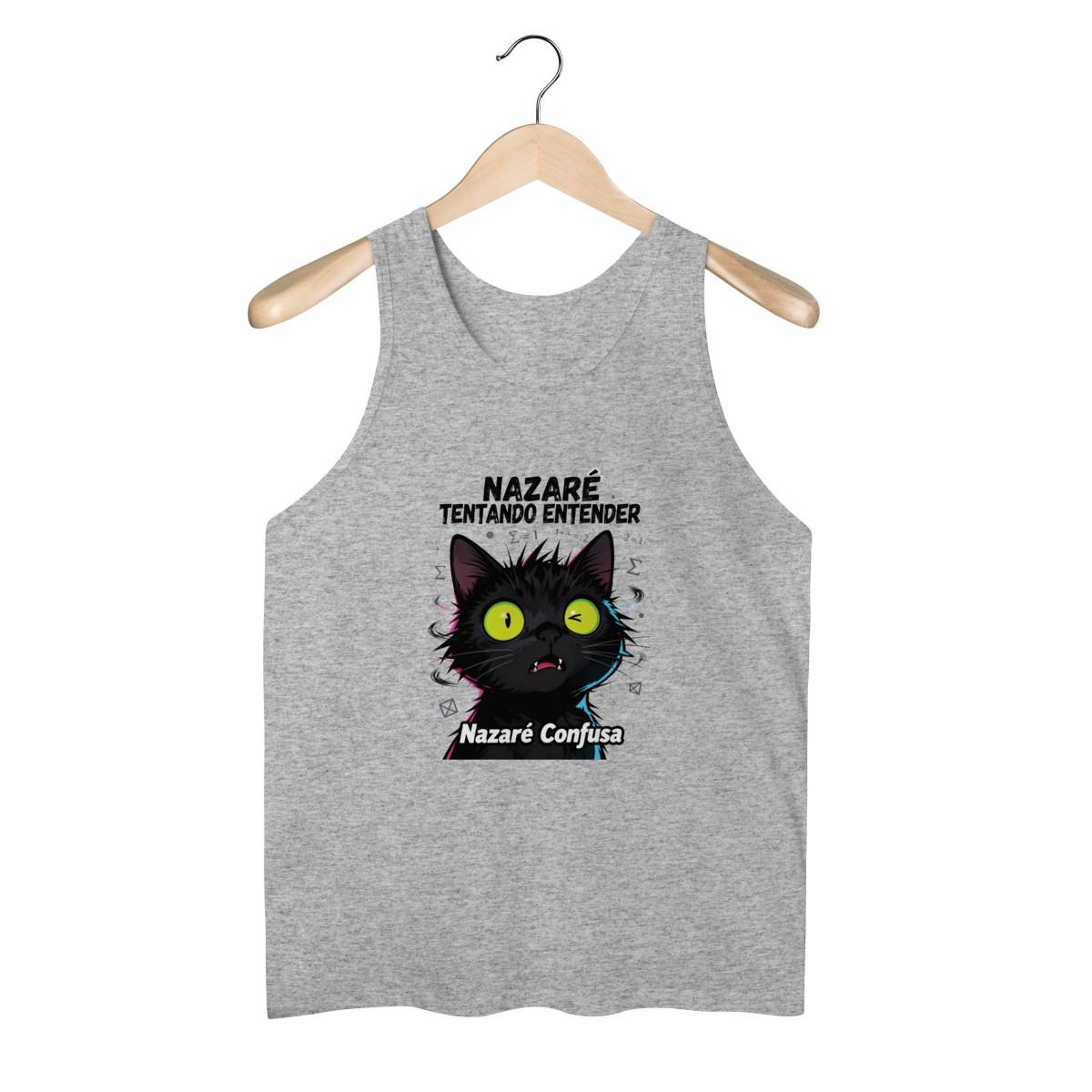 Nome do produto: Regata - NAZARÉ TENTANDO ENTENDER - GATO PRETO CONFUSO