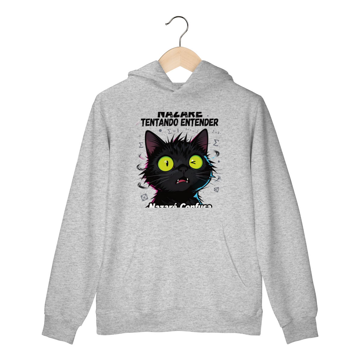 Nome do produto: Moletom Prime Canguru - NAZARÉ TENTANDO ENTENDER - GATO PRETO CONFUSO