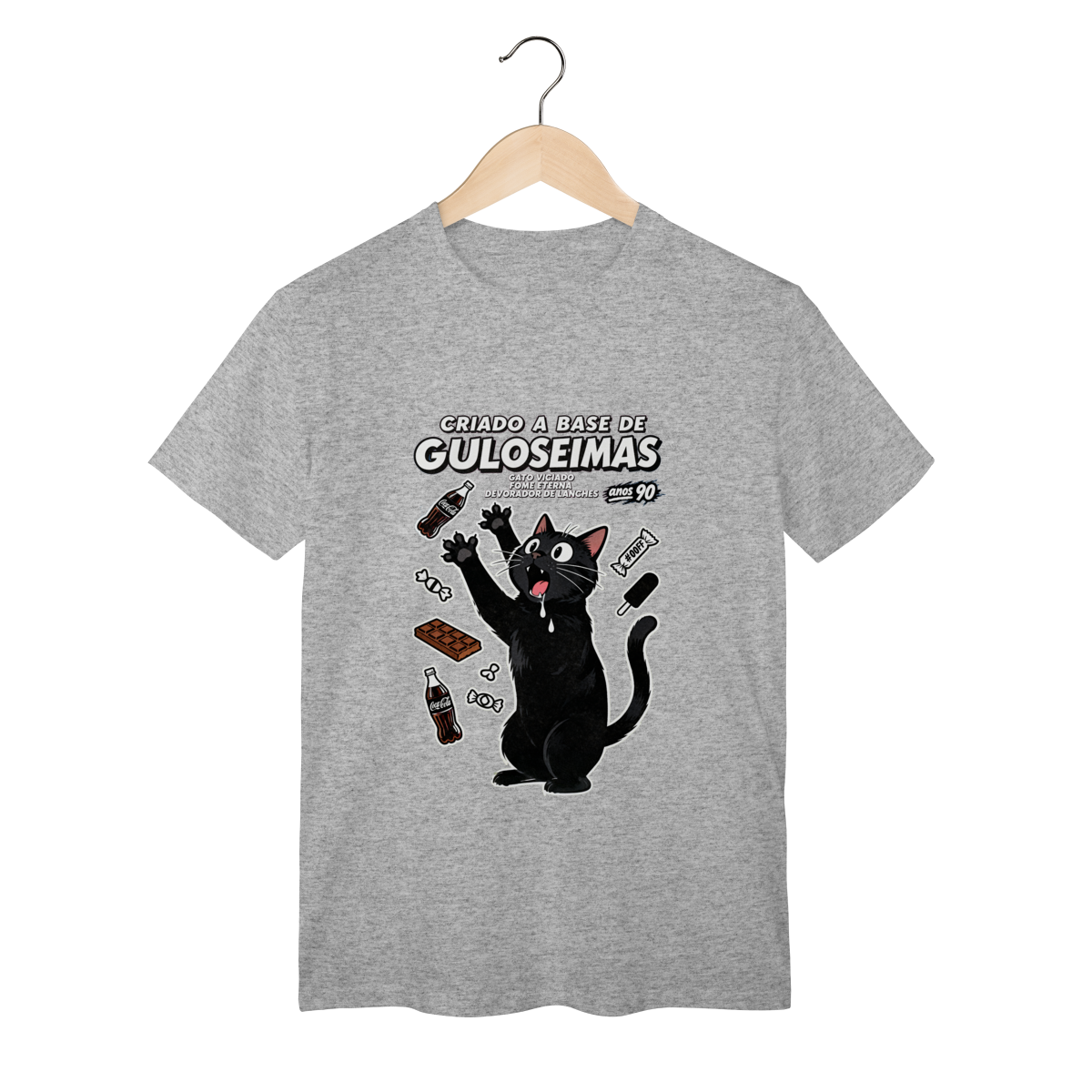 Nome do produto: Camiseta Criado Base Guloseimas Gato Viciado Fome Nostalgia