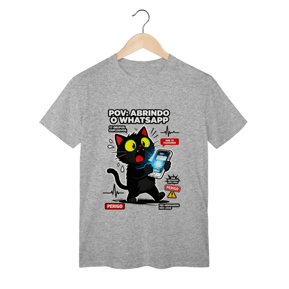 Camiseta POV Abrindo WhatsApp Gato Aterrorizado Gen Z Anxiety