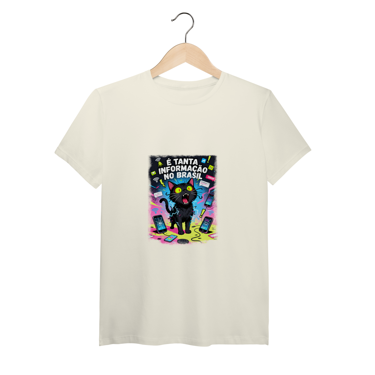 Nome do produto: Camiseta É Tanta Informação no Brasil - Gato Preto Surtado Meme