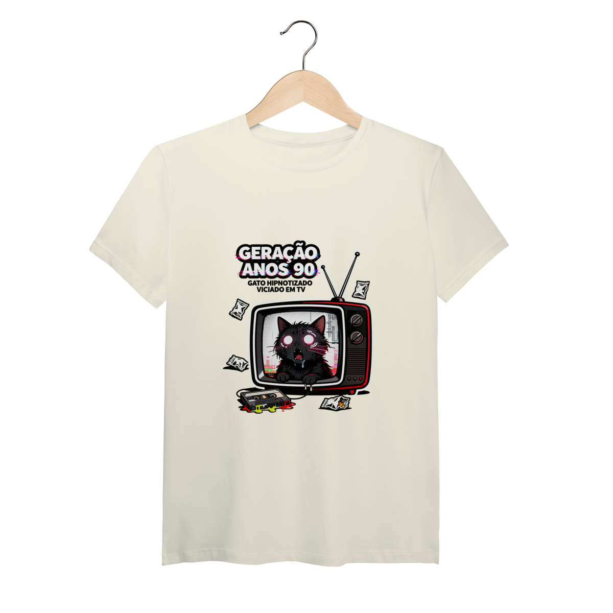 Nome do produto: Camiseta Geração Anos 90 Gato Hipnotizado TV Nostalgia Retrô