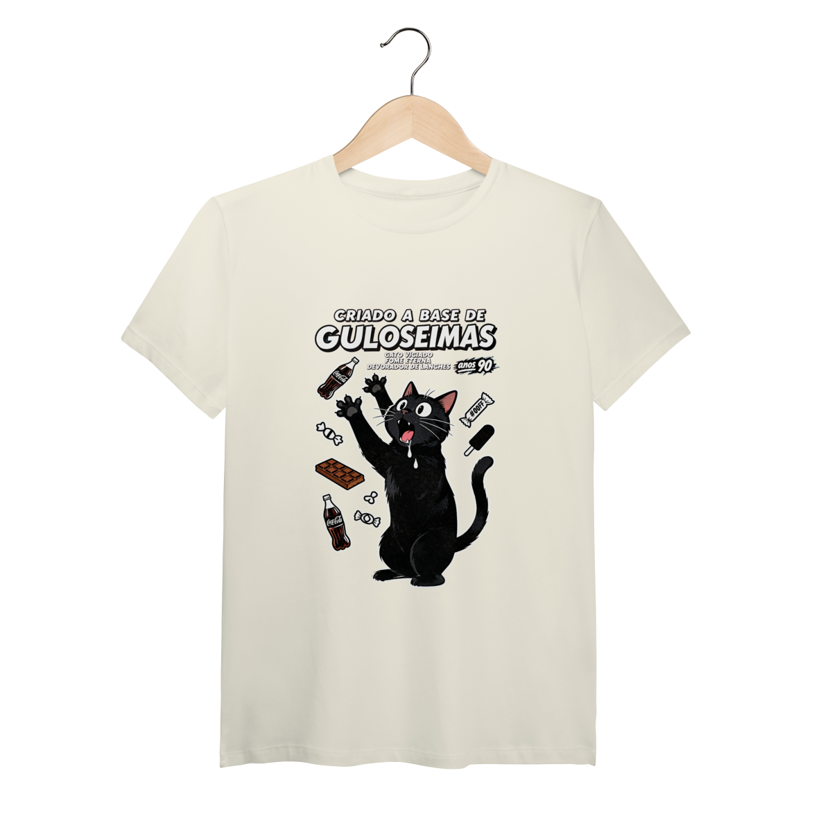 Nome do produto: Camiseta Criado Base Guloseimas Gato Viciado Fome Nostalgia