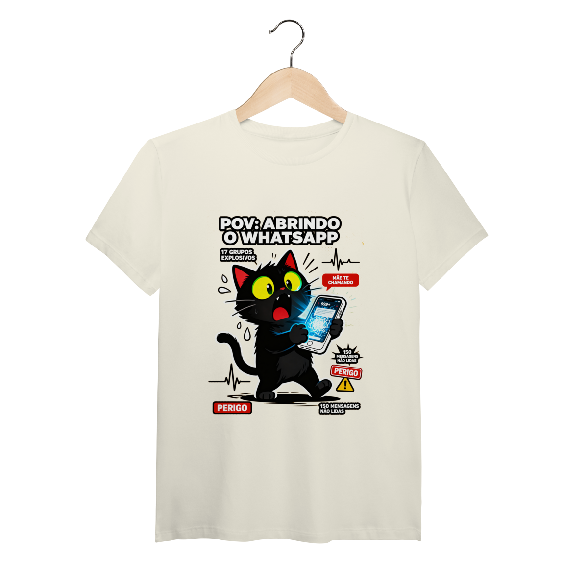 Camiseta POV Abrindo WhatsApp Gato Aterrorizado Gen Z Anxiety