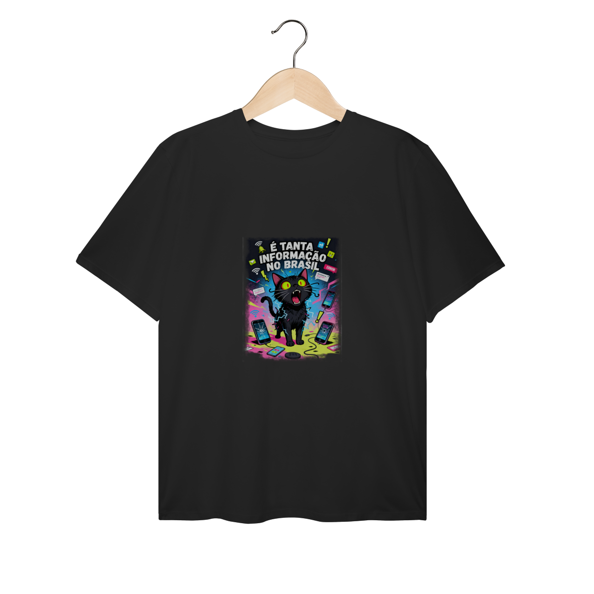 Nome do produto: Camiseta É Tanta Informação no Brasil - Gato Preto Surtado Meme