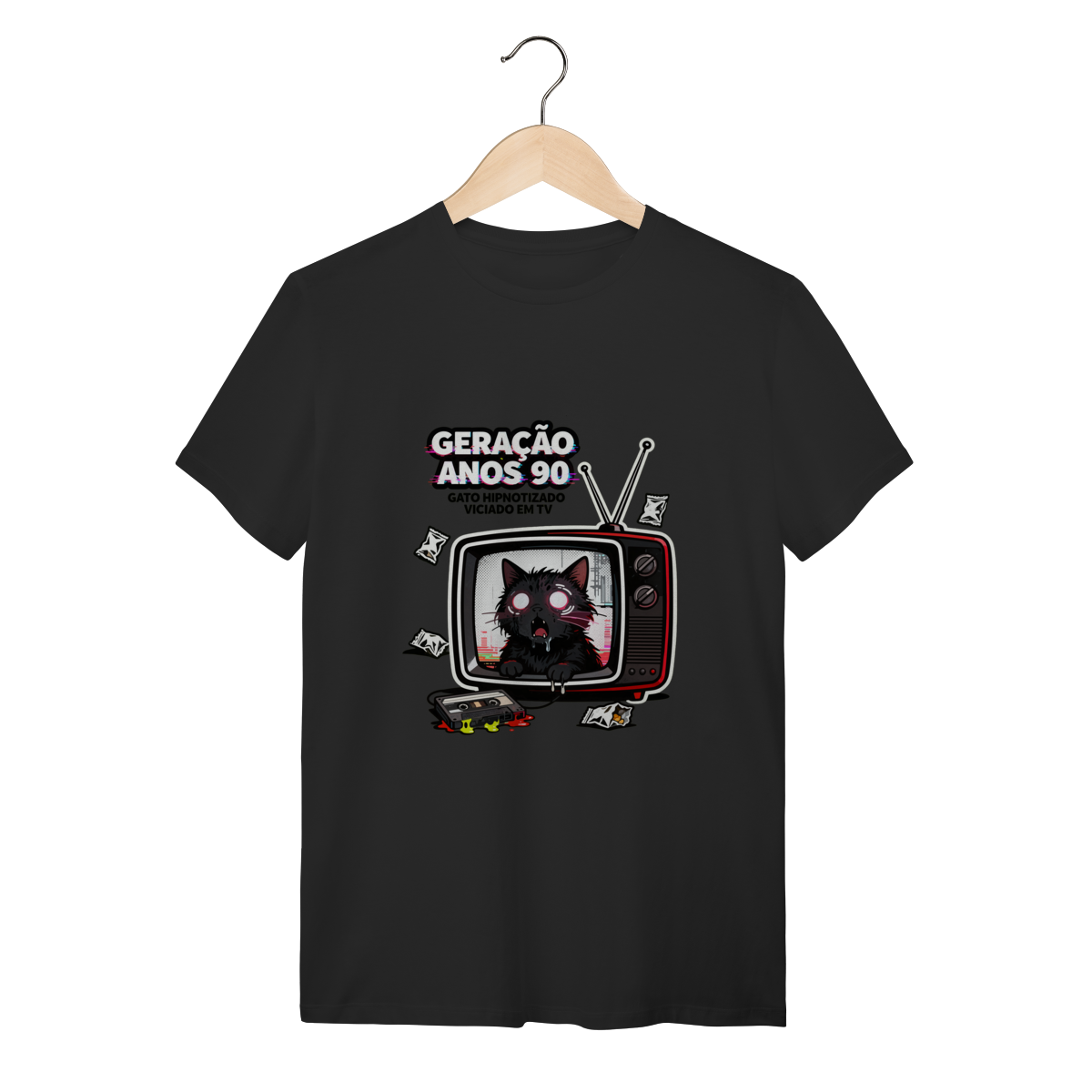 Nome do produto: Camiseta Geração Anos 90 Gato Hipnotizado TV Nostalgia Retrô