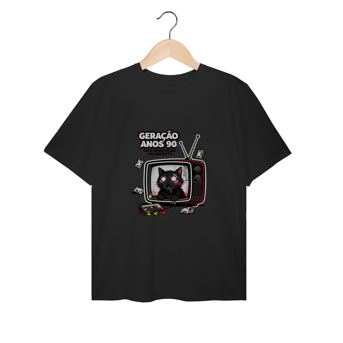 Nome do produto: Camiseta Geração Anos 90 Gato Hipnotizado TV Nostalgia Retrô