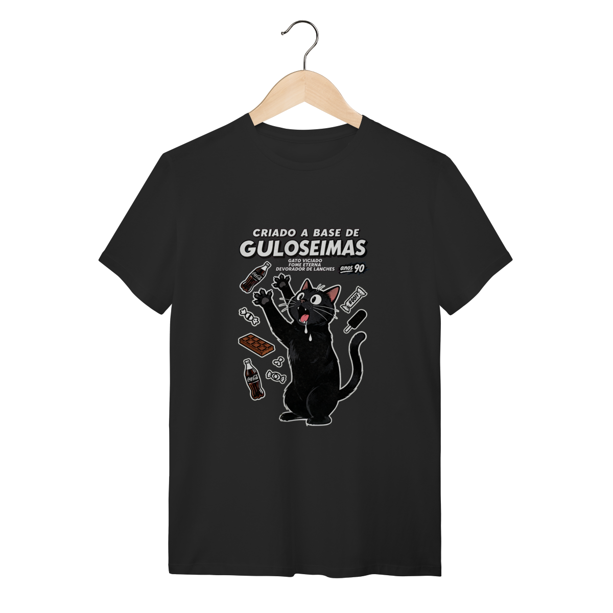Nome do produto: Camiseta Criado Base Guloseimas Gato Viciado Fome Nostalgia