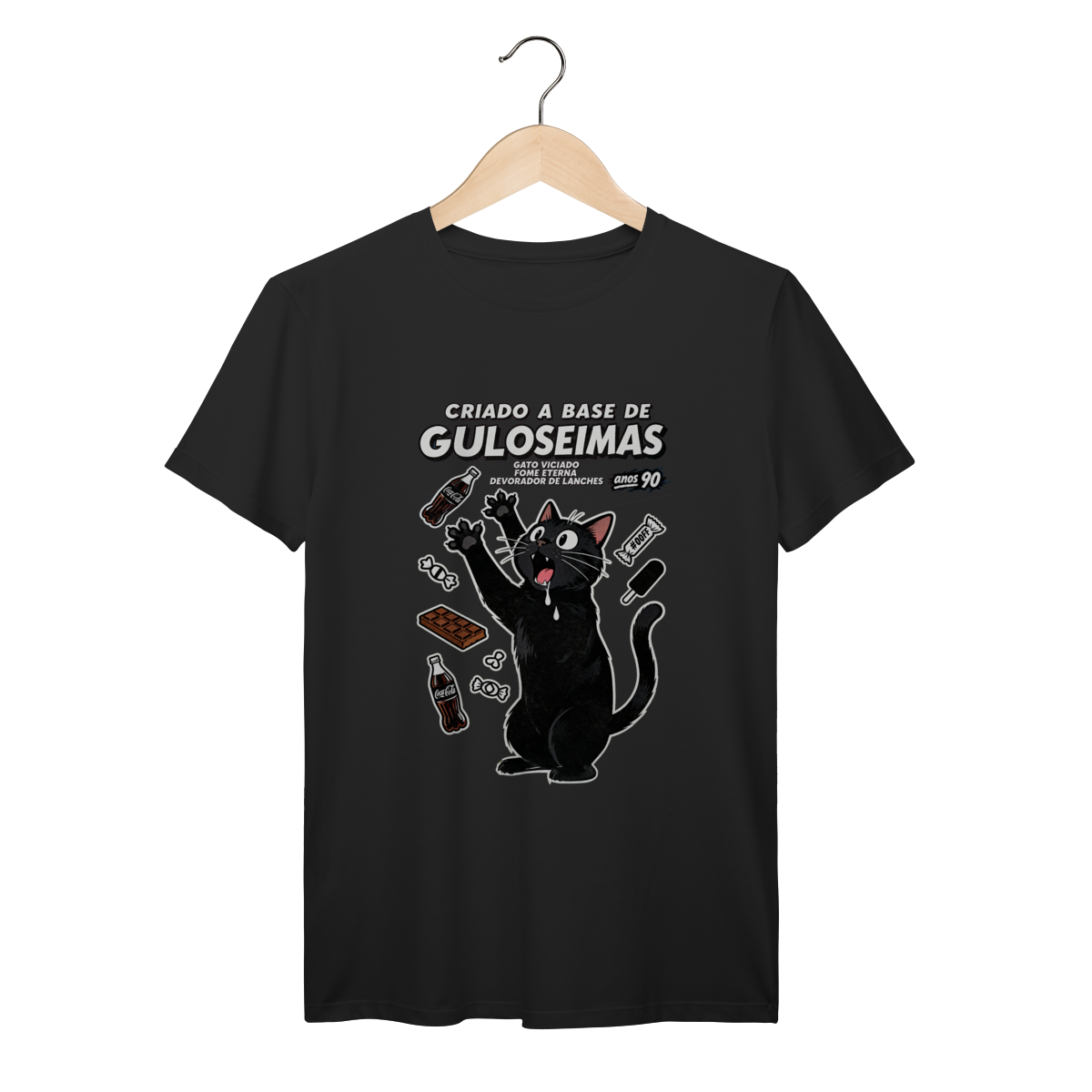 Nome do produto: Camiseta Criado Base Guloseimas Gato Viciado Fome Nostalgia